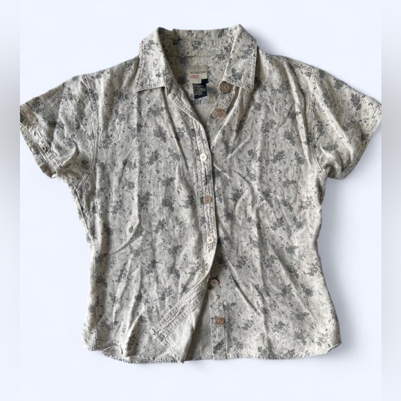 Vintage No-Excess Womens Floral Grey Linen Blend Short Sleeve Button Up Shirt L - Picture 3 of 9